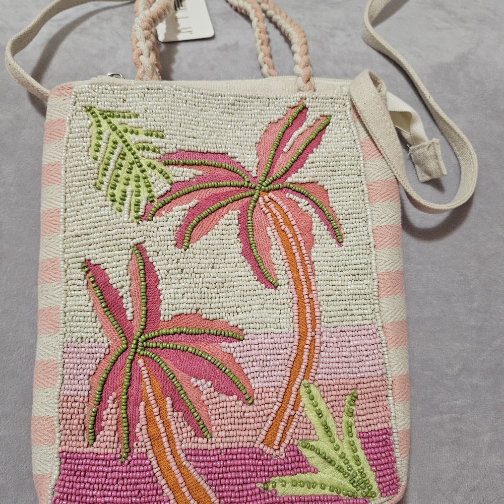 Hand-Beaded Palm Tree Crossbody Bag - Pink & Cream